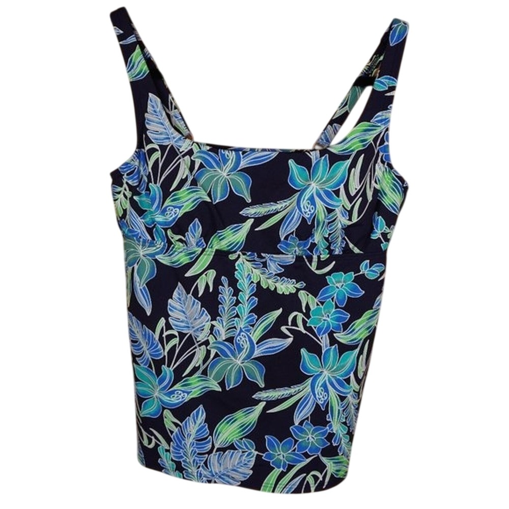 Lands End Black and Blue‎ Floral Swim Tank Top Underwire Size 8